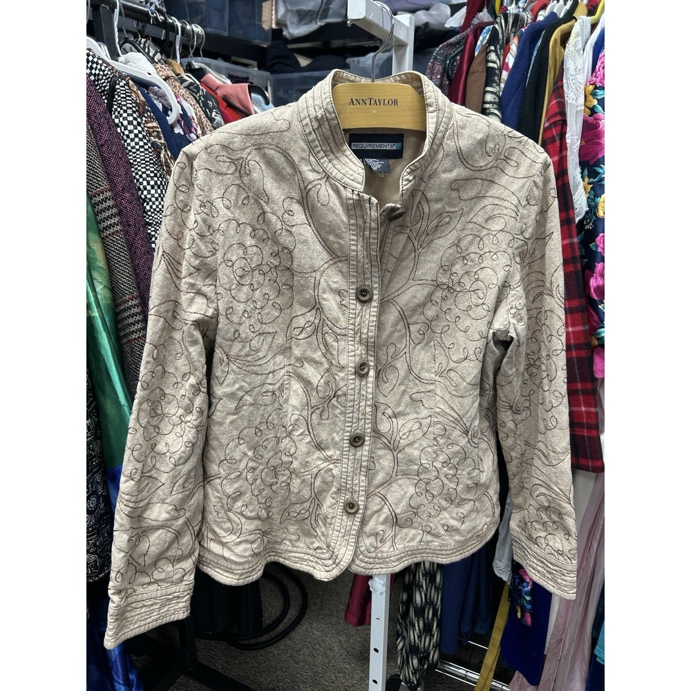 Linen Requirements Womens Blazer Jacket Beige Tan Embroidered Floral Size L boho